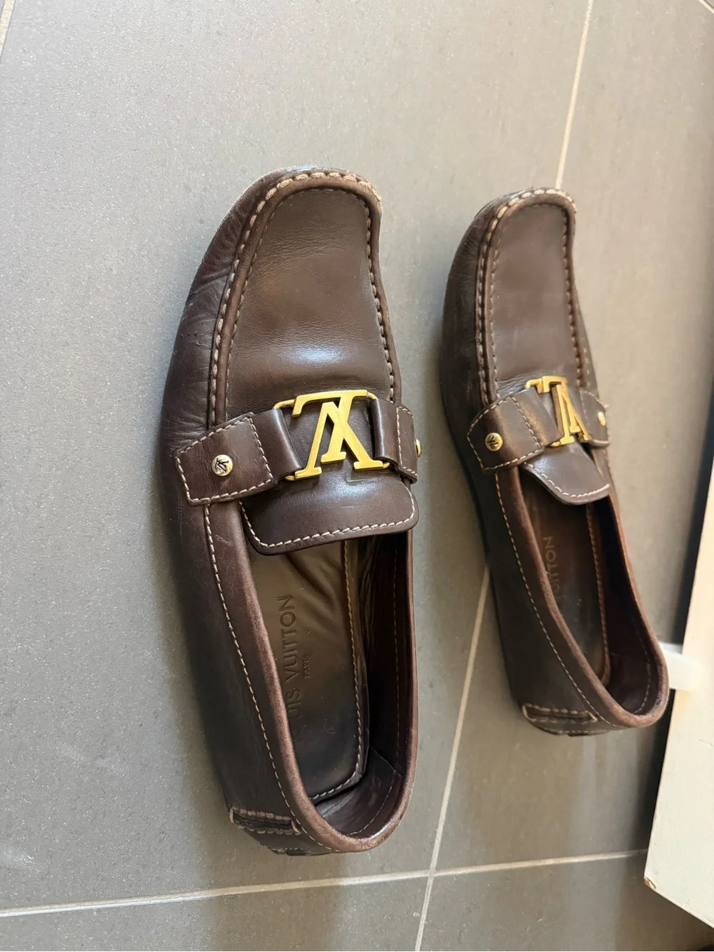 Louis Vuitton Dark Brown Leather Loafers with Gold LV Hardware